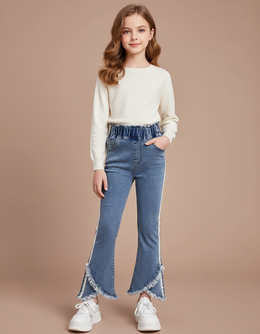 Pantalon Patte D'Éléphant Denim Bleu Franges Dentelle Fille - Jean