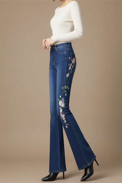 Pantalon Patte D'Éléphant Bleu Brodé Floral Vintage Stretch - Jean