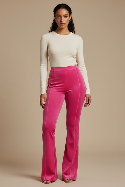 Pantalon Patte D'Éléphant Velours Rose Évasé Taille Haute