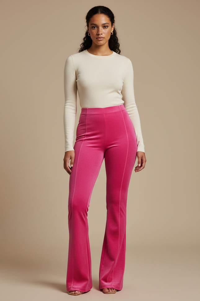 Pantalon Patte D'Éléphant Velours Rose Évasé Taille Haute