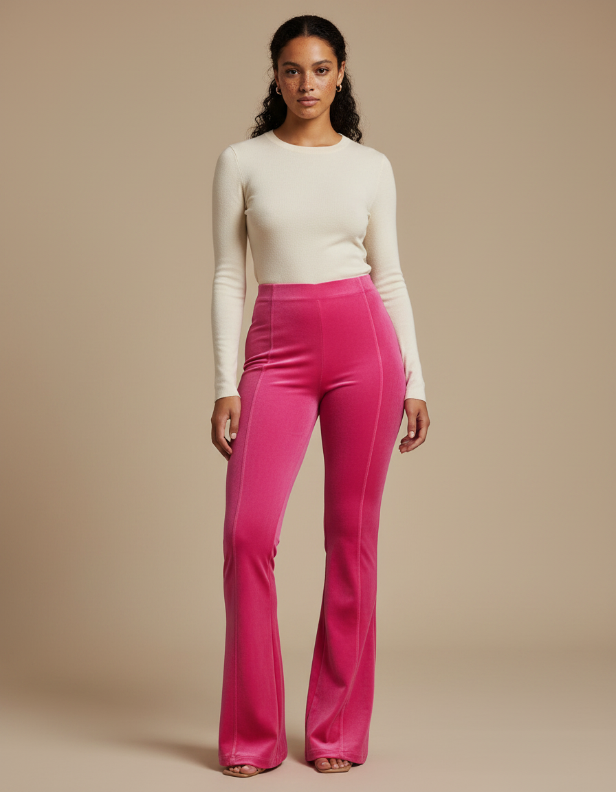 Pantalon Patte D'Éléphant Velours Rose Évasé Taille Haute