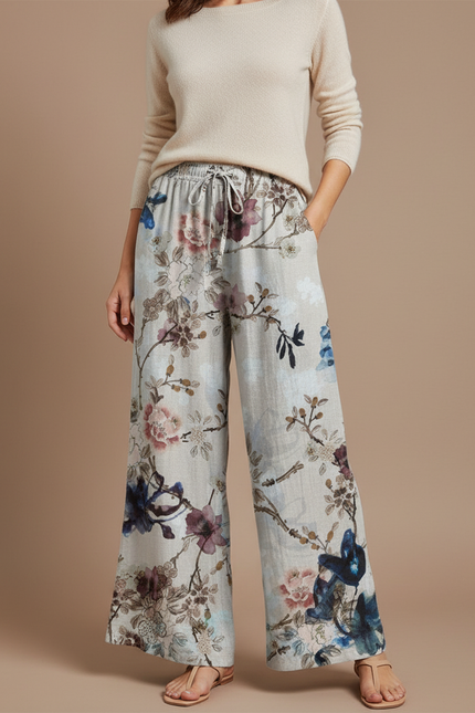 Pantalon Patte D'Éléphant Beige Floral Fluide Cordon Ample - Lin