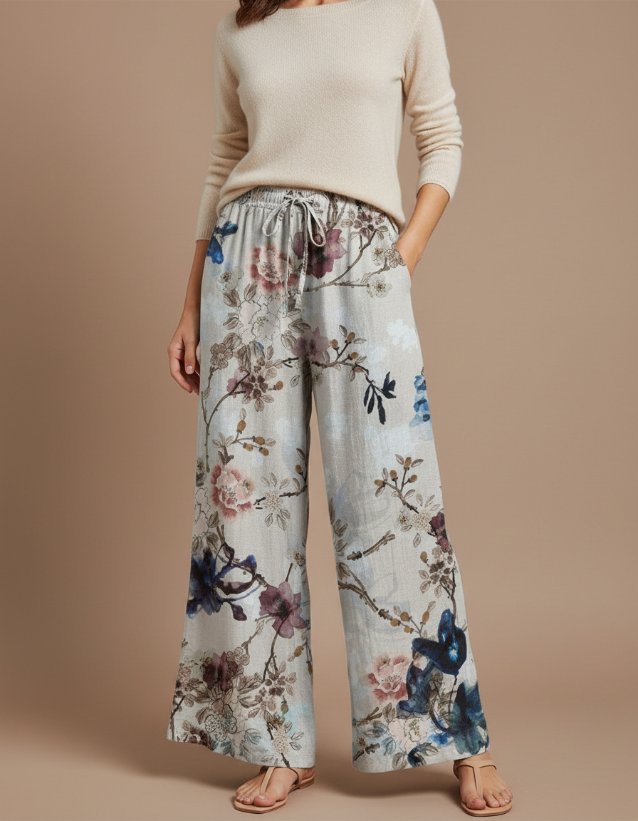 Pantalon Patte D'Éléphant Beige Floral Fluide Cordon Ample - Lin
