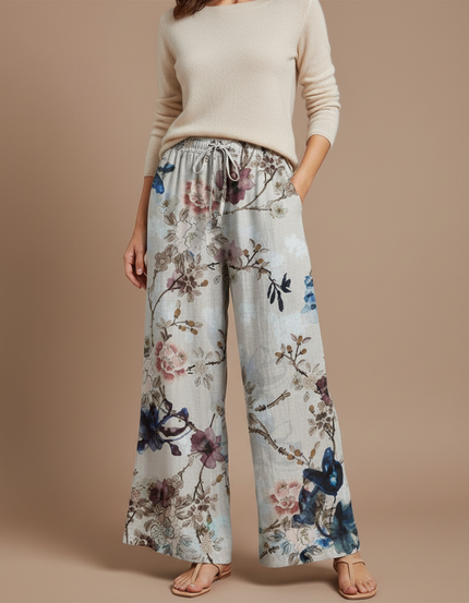 Pantalon Patte D'Éléphant Beige Floral Fluide Cordon Ample - Lin