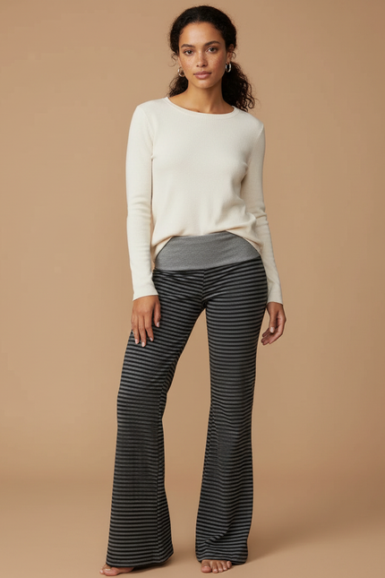 Pantalon Patte D'Éléphant Rayé Noir Confortable Évasé - Maille