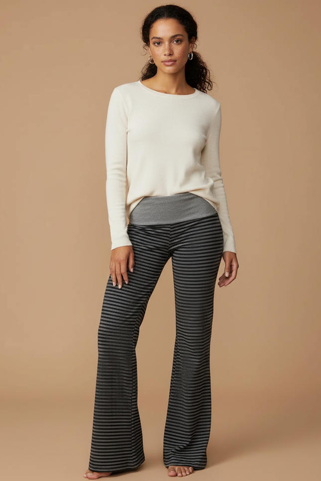 Pantalon Patte D'Éléphant Rayé Noir Confortable Évasé - Maille