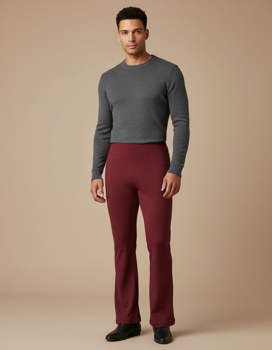 Pantalon Patte D'Éléphant Bordeaux Texturé Ajusté Décontracté - Maille