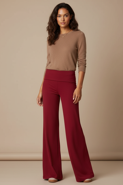 Pantalon Patte D'Éléphant Rouge Vin Fluide Taille Haute - Bordeaux Viscose