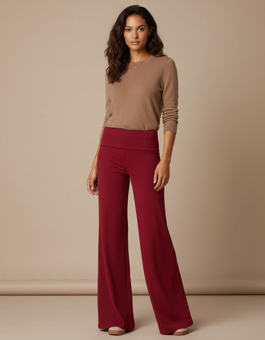 Pantalon Patte D'Éléphant Rouge Vin Fluide Taille Haute - Bordeaux Viscose
