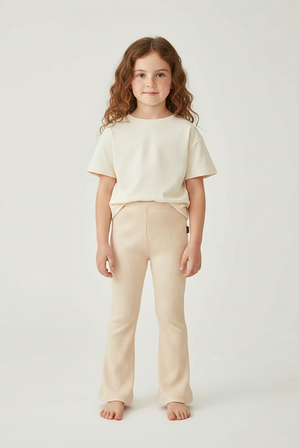 Pantalon Patte D'Éléphant Beige Côtelé Évasé Enfant Décontracté - Maille
