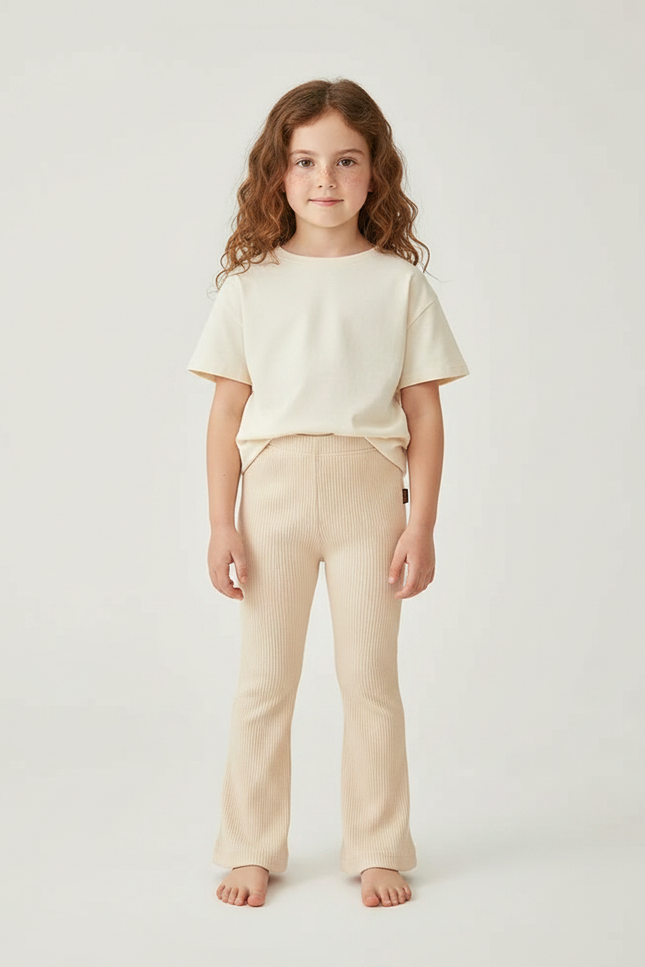 Pantalon Patte D'Éléphant Beige Côtelé Évasé Enfant Décontracté - Maille