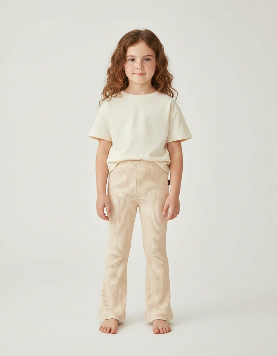 Pantalon Patte D'Éléphant Beige Côtelé Évasé Enfant Décontracté - Maille