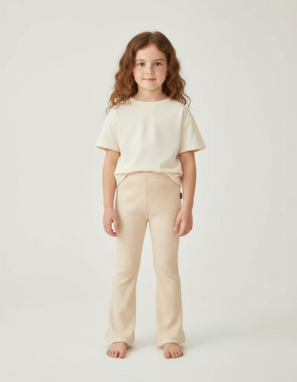 Pantalon Patte D'Éléphant Beige Côtelé Évasé Enfant Décontracté - Maille