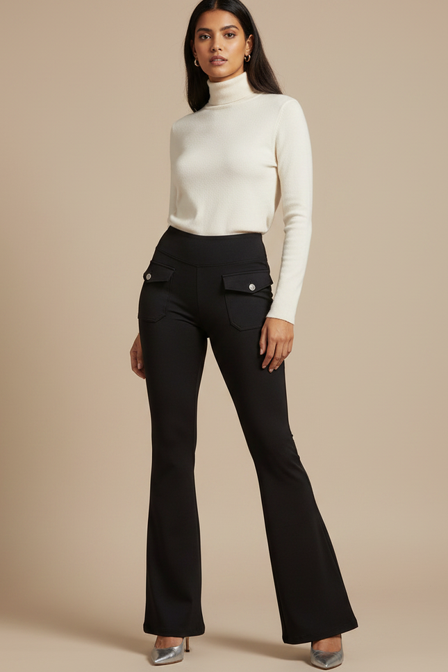 Pantalon Patte D'Éléphant Noir Taille Haute Poches Évasé - Maille