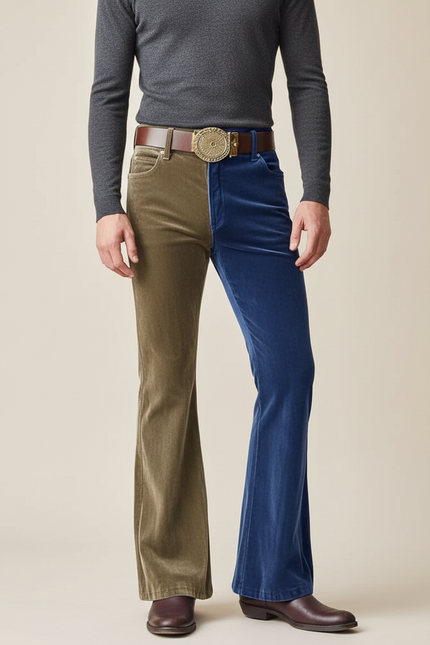 Pantalon Patte D'Éléphant Bicolore Velours Côtelé Évasé Homme Rétro - Multicolore Cordé