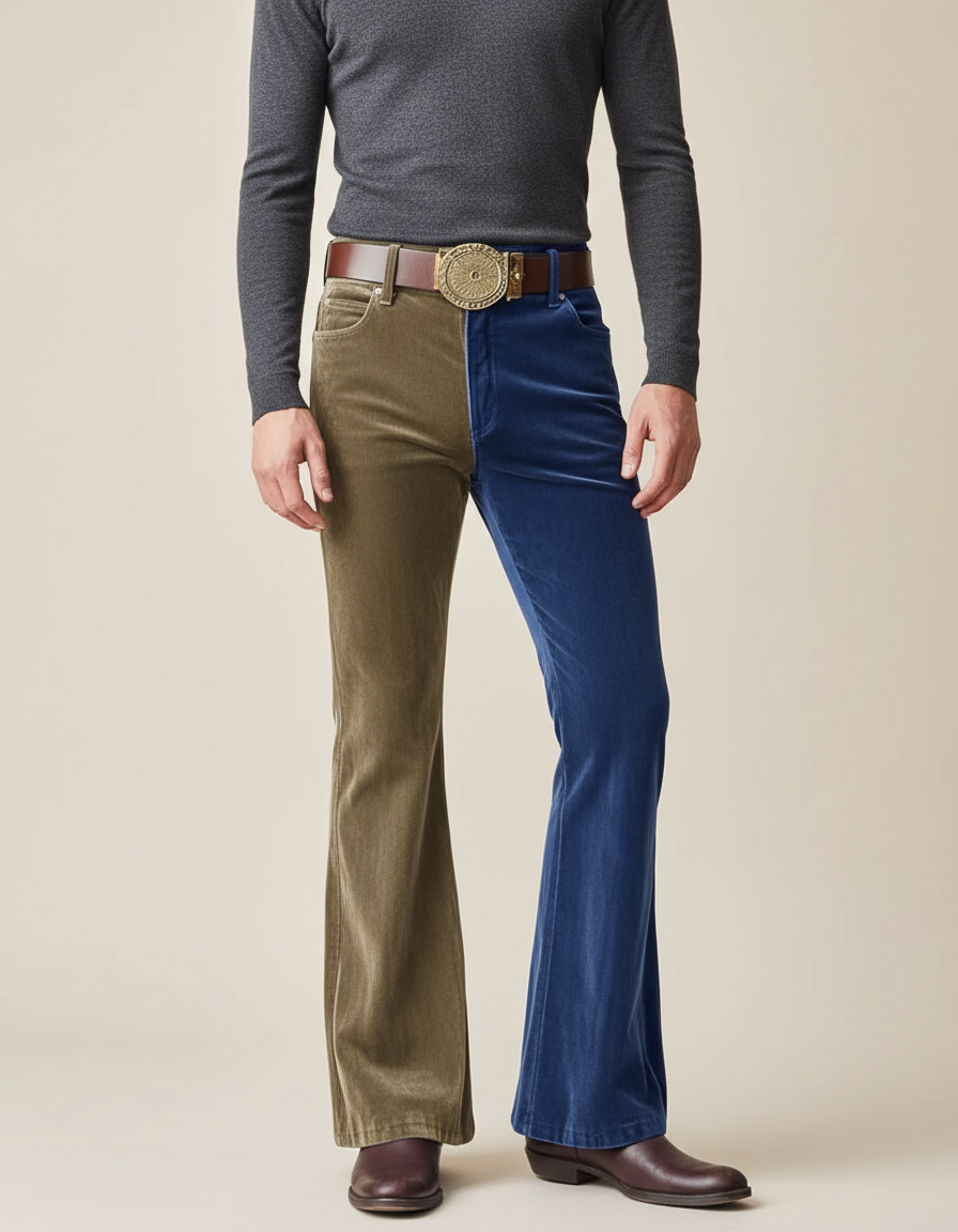 Pantalon Patte D'Éléphant Bicolore Velours Côtelé Évasé Homme Rétro - Multicolore Cordé