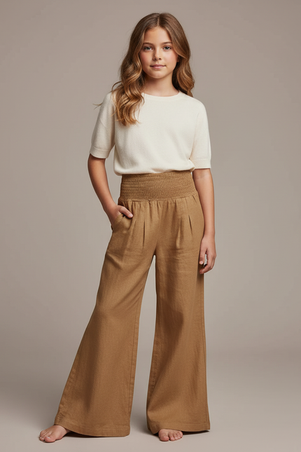 Pantalon Patte D'Éléphant Marron Smocké Fluide Ample Enfant - Lin