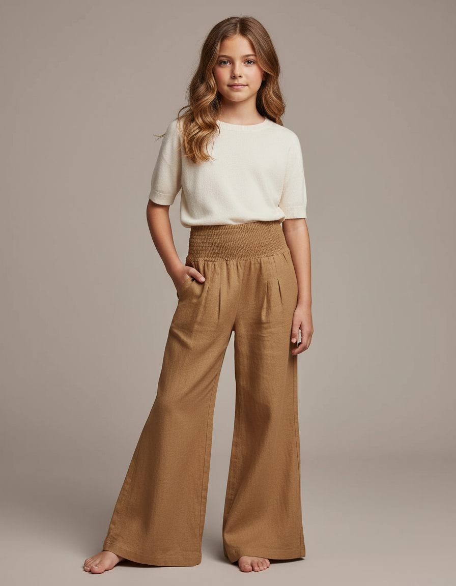 Pantalon Patte D'Éléphant Marron Smocké Fluide Ample Enfant - Lin