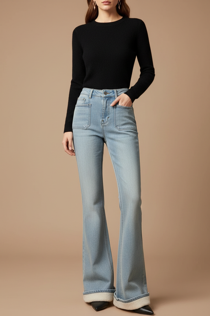 Pantalon Patte D'Éléphant Jean Bleu Clair Doublé Polaire