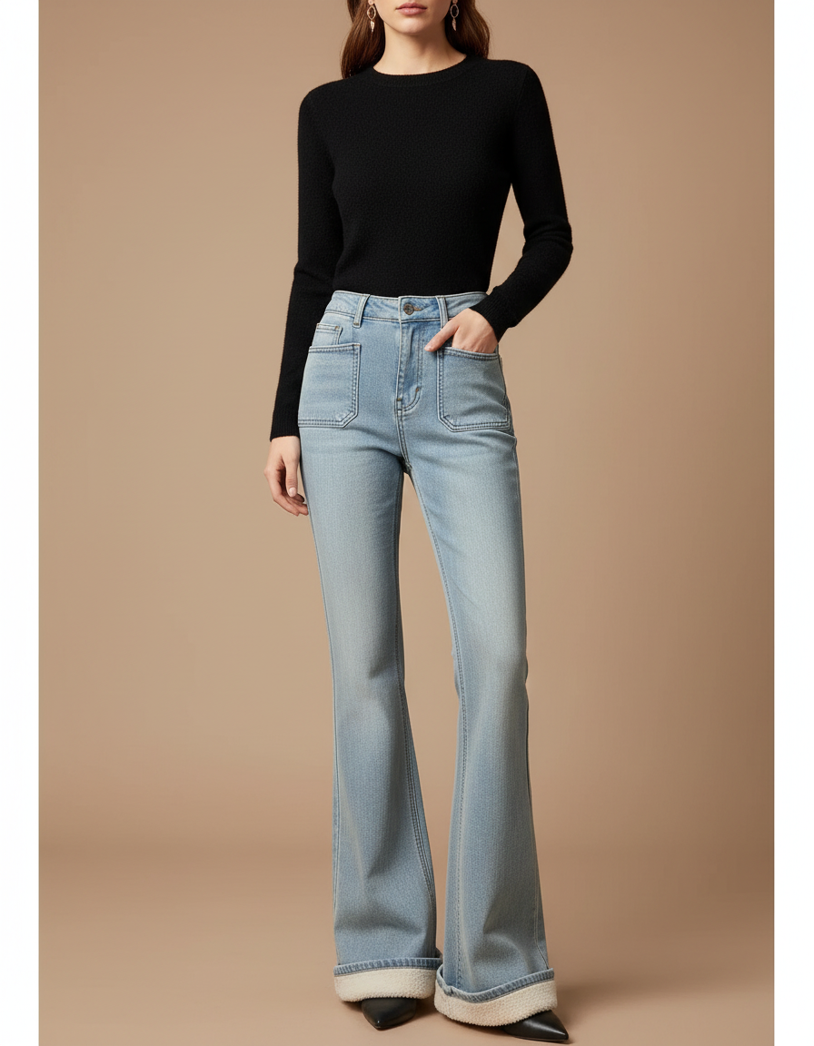 Pantalon Patte D'Éléphant Jean Bleu Clair Doublé Polaire