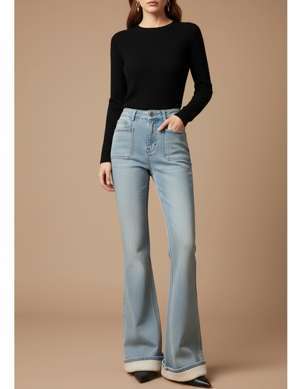 Pantalon Patte D'Éléphant Jean Bleu Clair Doublé Polaire