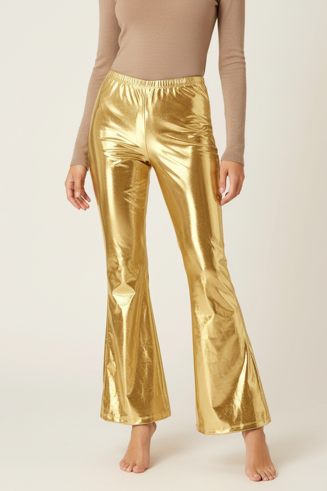 Pantalon Patte D'Éléphant Doré Brillant Métallique Évasé Disco - Polyester