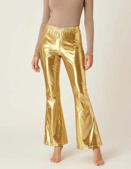 Pantalon Patte D'Éléphant Doré Brillant Métallique Évasé Disco - Polyester
