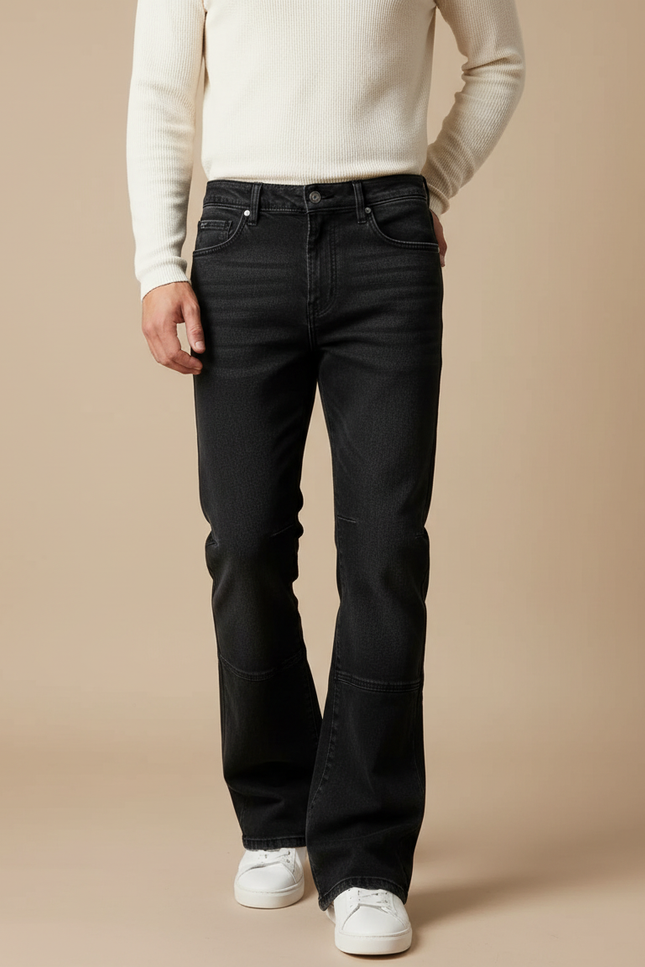 Pantalon Patte D'Éléphant Homme Noir Délavé Denim Coupe Droite - Jean