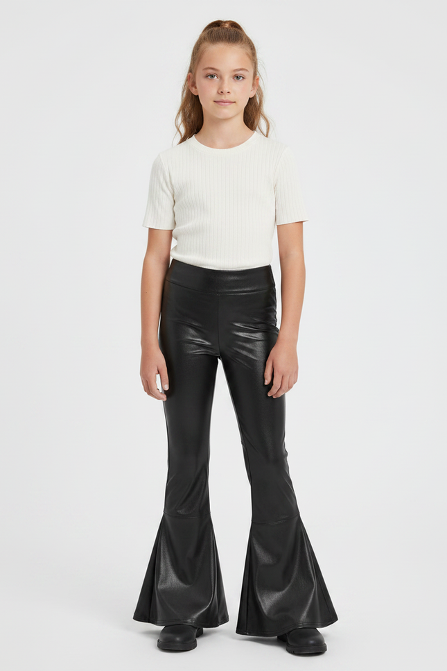 Pantalon Patte D'Éléphant Noir Simili Cuir Évasé Brillant Fille