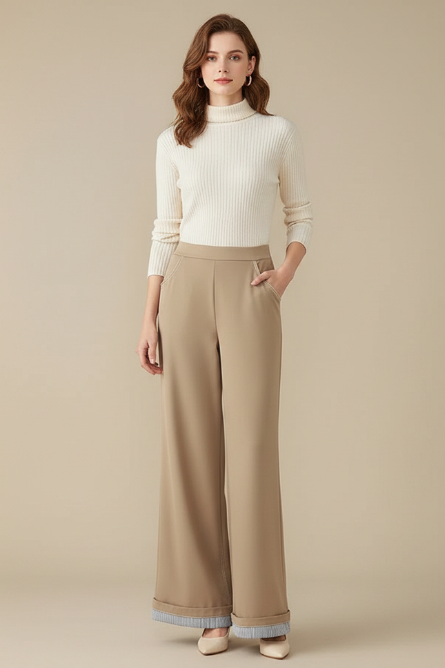 Pantalon Patte D'Éléphant Beige Taille Haute Évasé Chic Fluide - Viscose