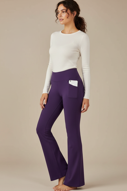 Pantalon Patte D'Éléphant Violet Taille Haute Poches Évasé Élégant - Polyester