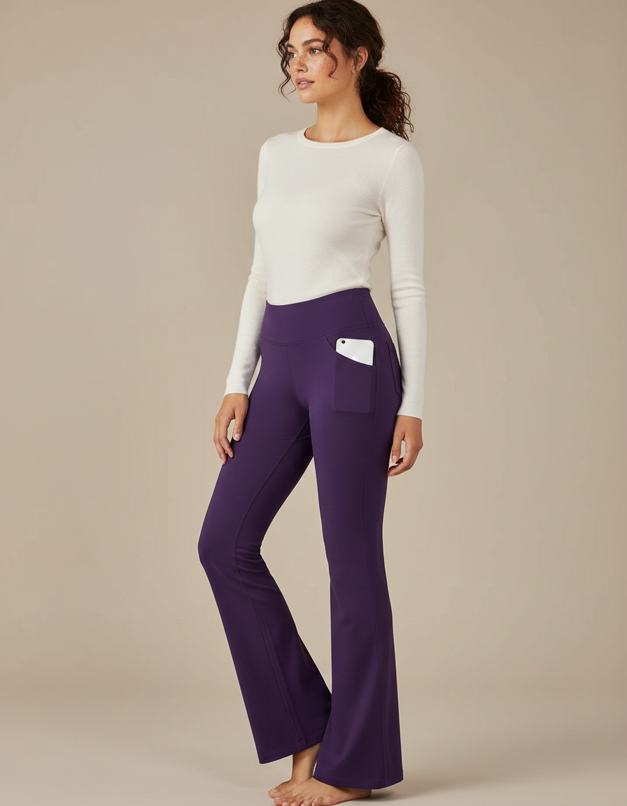 Pantalon Patte D'Éléphant Violet Taille Haute Poches Évasé Élégant - Polyester