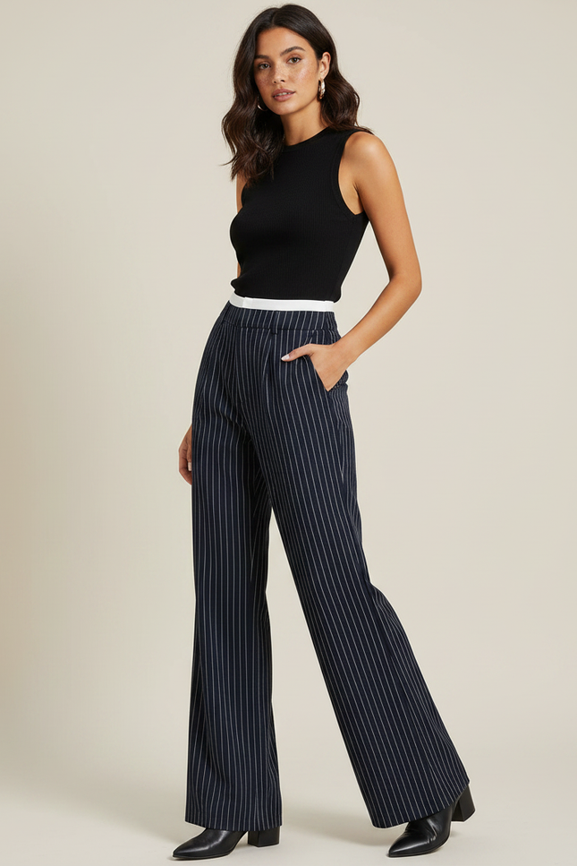 Pantalon Patte D'éléphant Rayure - Marine Gabardine