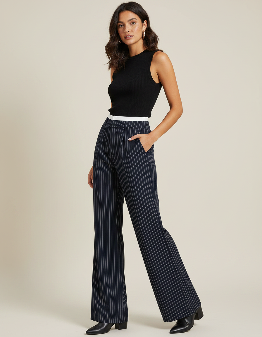Pantalon Patte D'éléphant Rayure - Marine Gabardine
