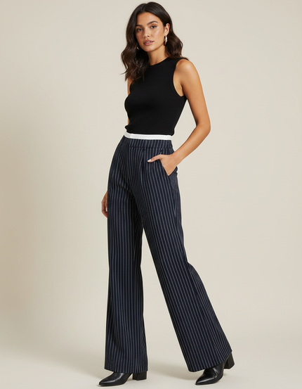 Pantalon Patte D'éléphant Rayure - Marine Gabardine