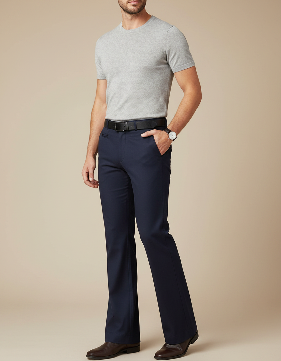 Pantalon Patte D'Éléphant Bleu Marine Évasé Élégant Décontracté Homme - Polyester