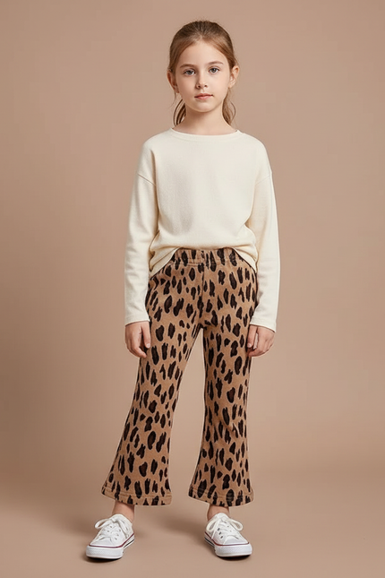 Pantalon Patte D'Éléphant Léopard Marron Confortable Fille Évasé - Molleton