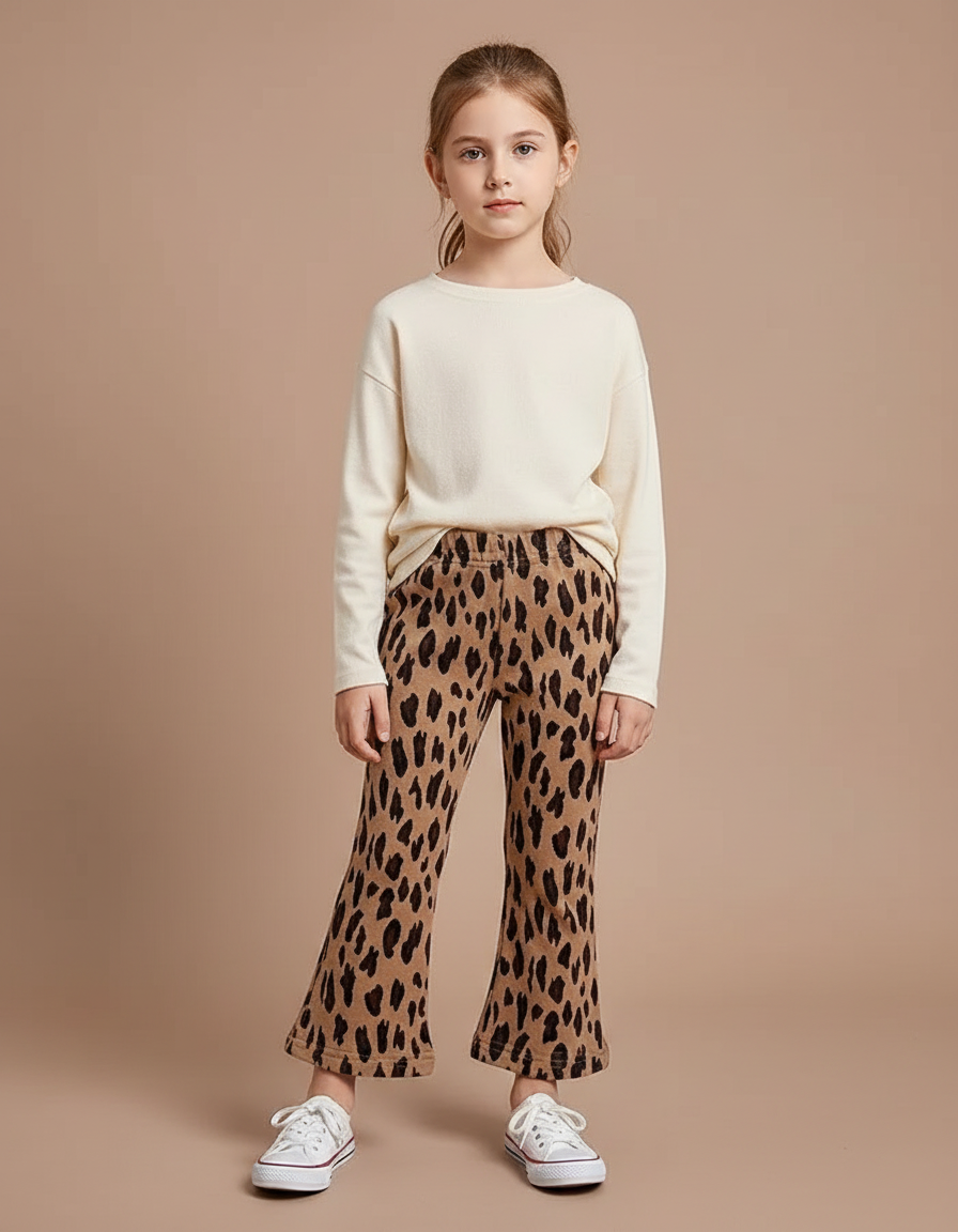 Pantalon Patte D'Éléphant Léopard Marron Confortable Fille Évasé - Molleton