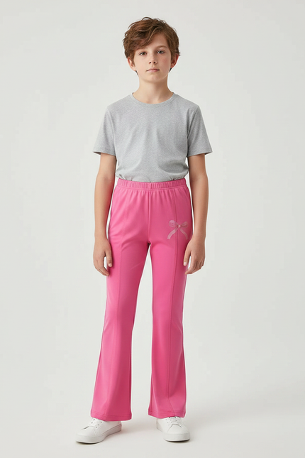 Pantalon Patte D'Éléphant Rose Évasé Imprimé Nœud Fille - Polyester