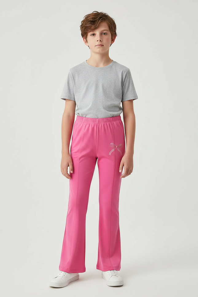 Pantalon Patte D'Éléphant Rose Évasé Imprimé Nœud Fille - Polyester