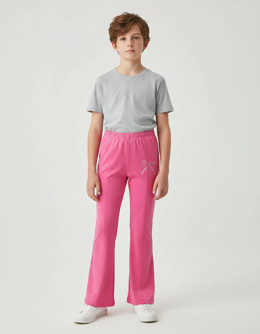 Pantalon Patte D'Éléphant Rose Évasé Imprimé Nœud Fille - Polyester