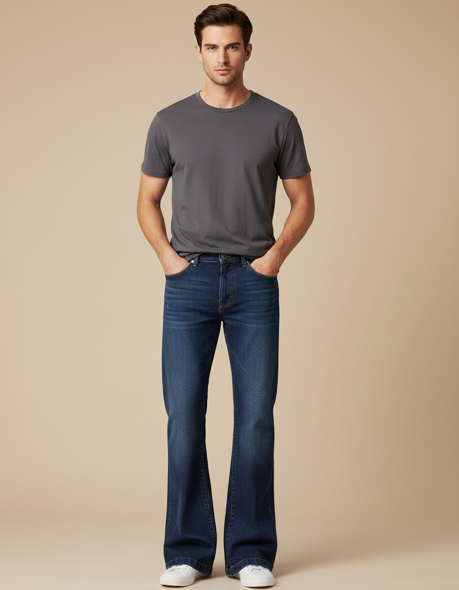 Pantalon Patte D'Éléphant Homme Denim Bleu Évasé Décontracté - Jean