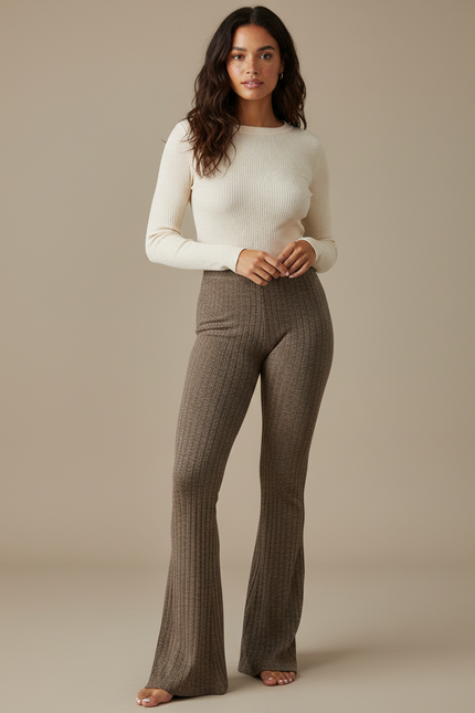 Pantalon Patte D'Éléphant Marron Côtelé Taille Haute Confortable - Maille