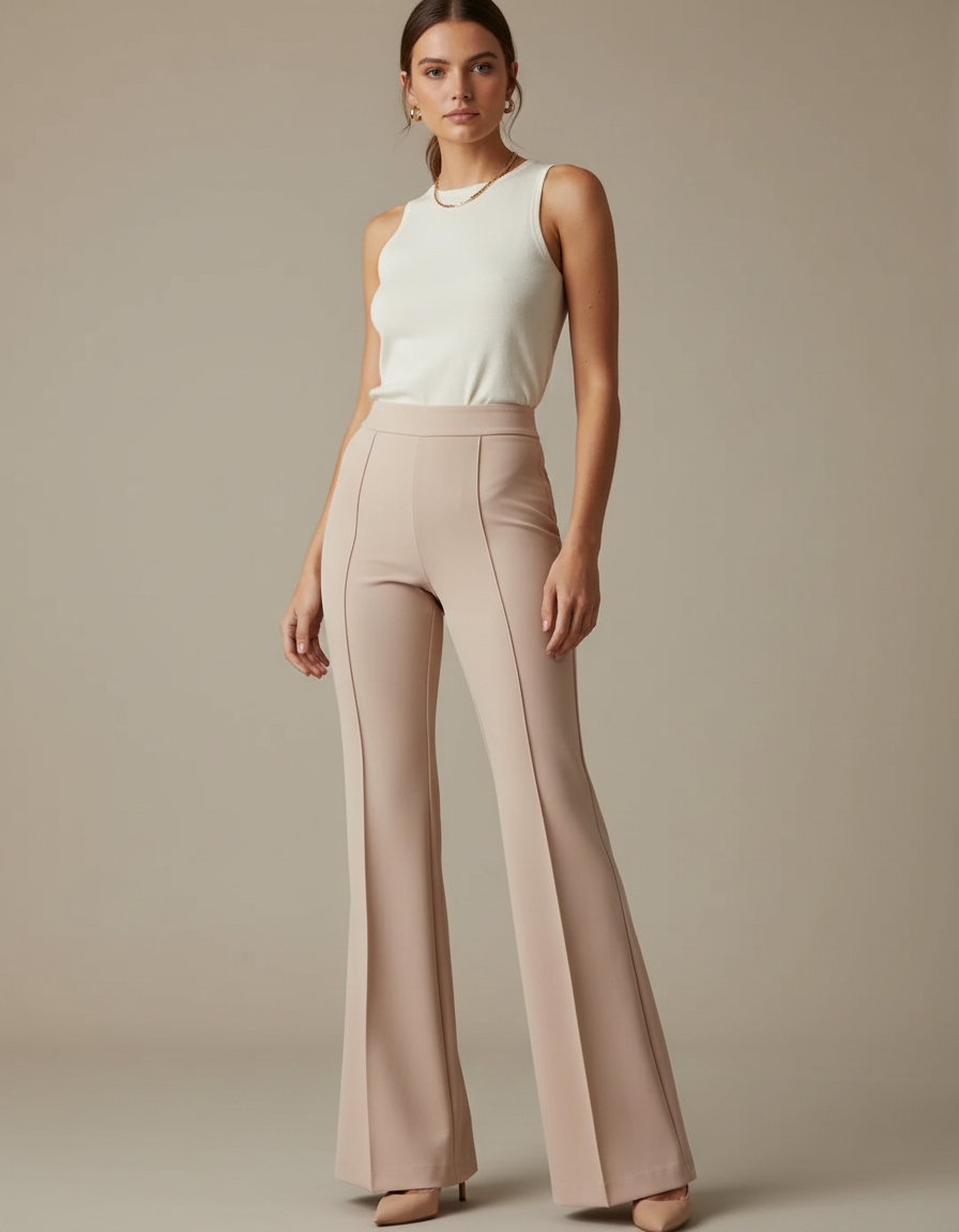 Pantalon Patte D'Éléphant Beige Taille Haute Fluide Élégant - Polyester