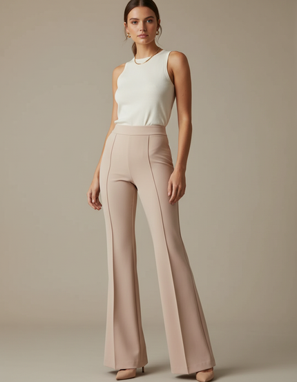Pantalon Patte D'Éléphant Beige Taille Haute Fluide Élégant - Polyester