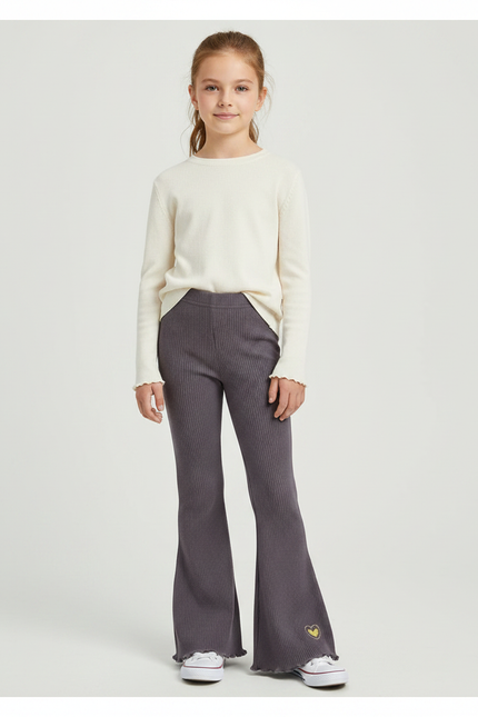 Pantalon Patte D'Éléphant Gris Côtelé Évasé Cœur Fille - Maille