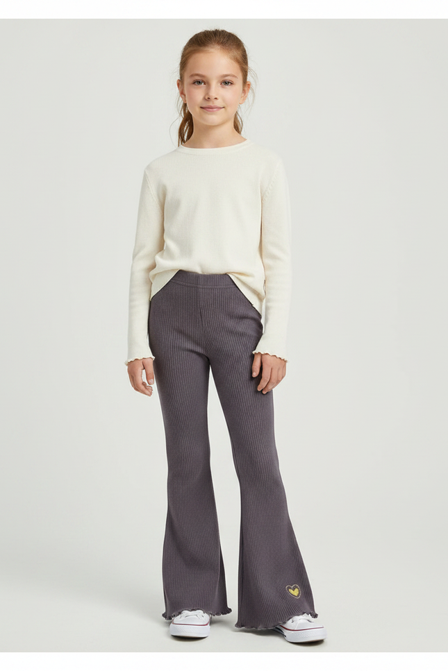 Pantalon Patte D'Éléphant Gris Côtelé Évasé Cœur Fille - Maille