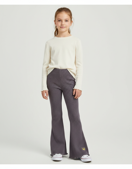 Pantalon Patte D'Éléphant Gris Côtelé Évasé Cœur Fille - Maille