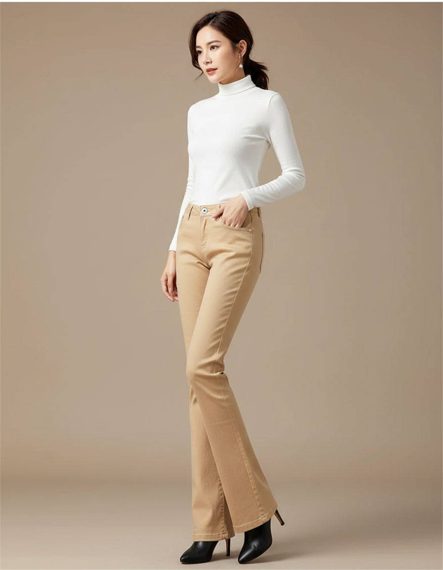 Pantalon Patte D'Éléphant Beige Stretch Taille Haute Femme - Gabardine