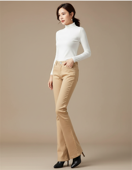 Pantalon Patte D'Éléphant Beige Stretch Taille Haute Femme - Gabardine